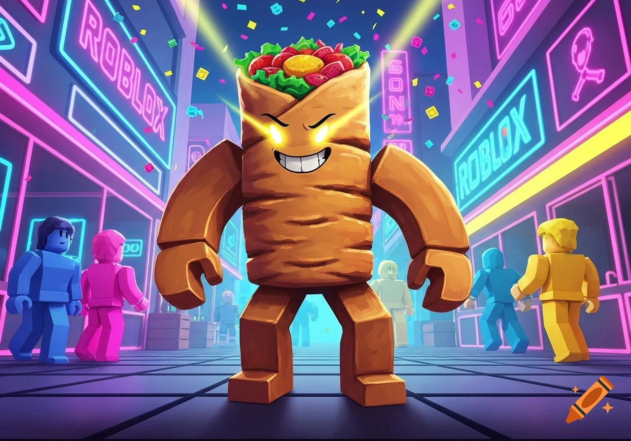 A giant anthropomorphic burrito with glowing eyes and a grin stands in a neon-lit Roblox city with blocky characters.