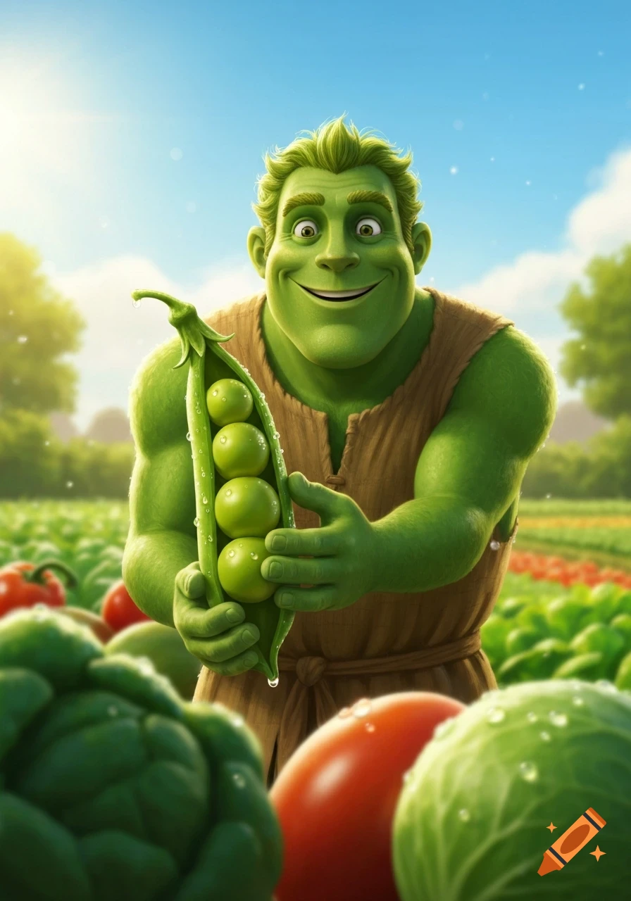 A happy, green-skinned man, like the Jolly Green Giant, smiles while holding an open pea pod in a sunny garden with vegetables.