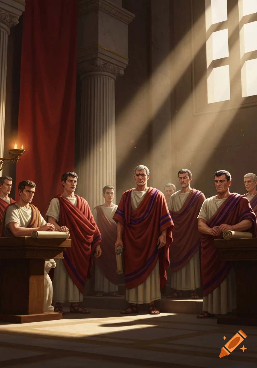 Roman men in togas stand in a grand hall with columns and dramatic sunlight streaming from a high window, some holding scrolls.