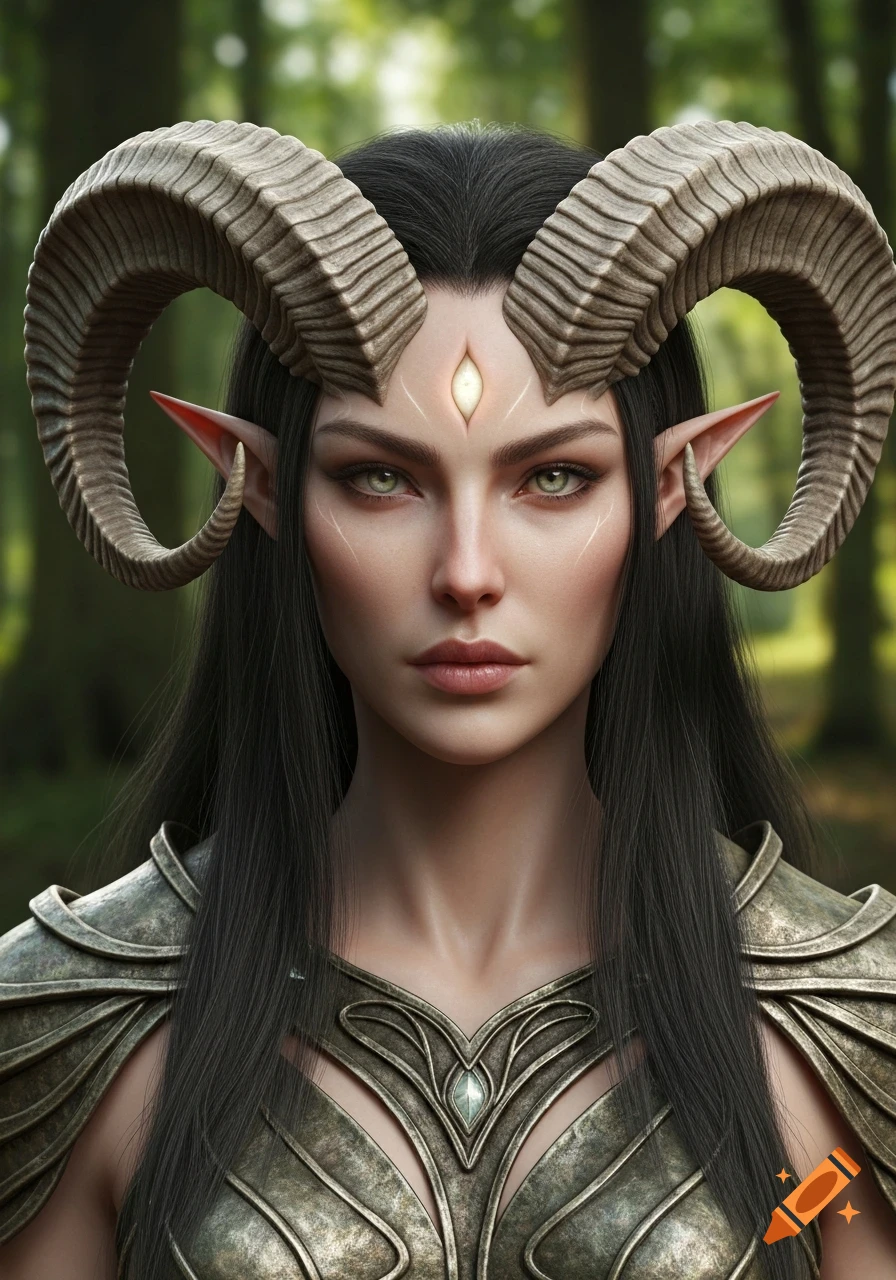 A detailed portrait of an elven woman with long black hair, ram horns, pointy ears, a third eye symbol on her forehead, and ornate armor, set against a blurred forest background.