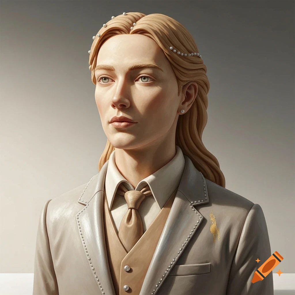 Hyperrealistic cake sculpture of a person in a beige suit with pearls, looking left.