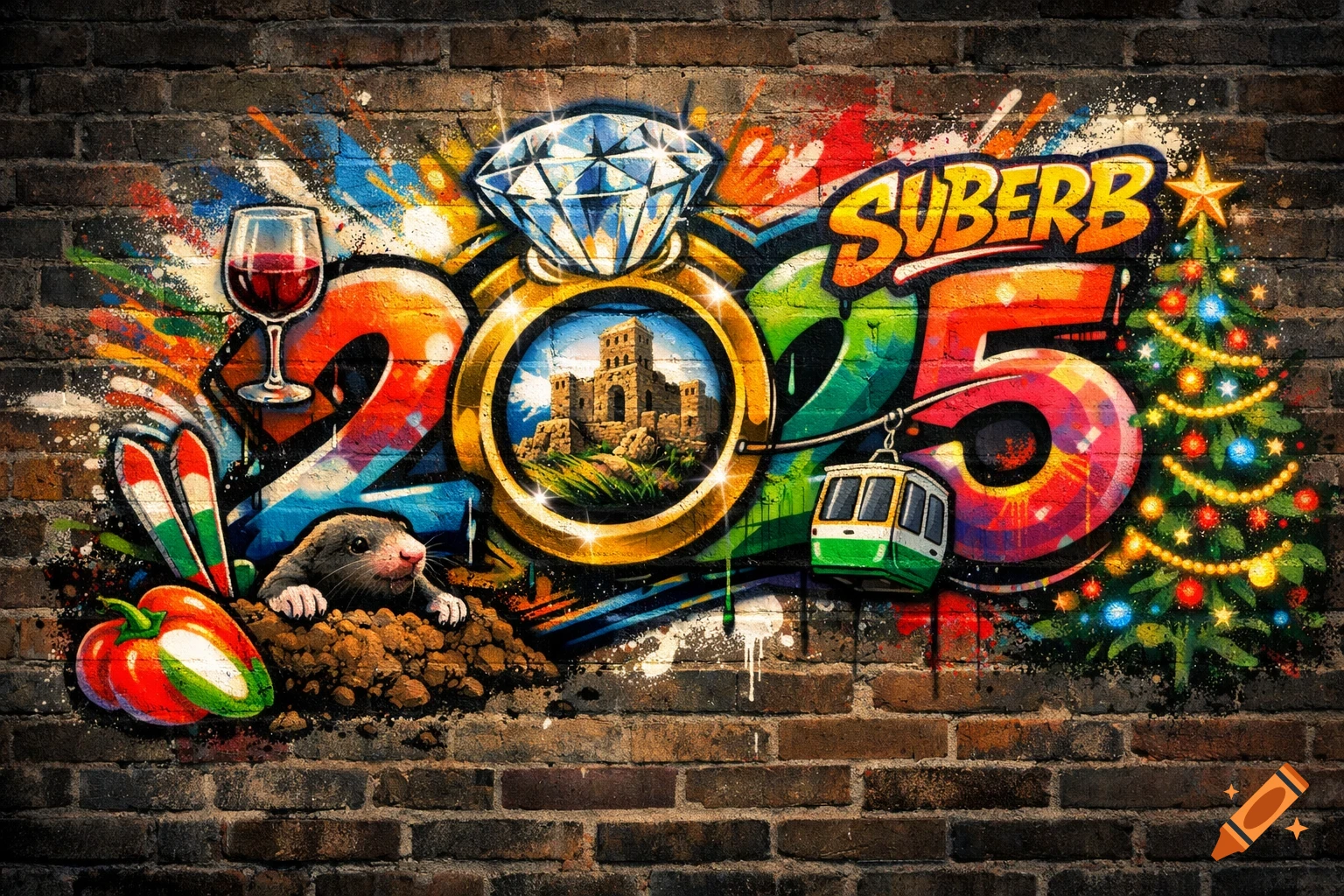 Colorful graffiti mural on a brick wall depicting '2025', with a diamond ring, castle, mole, cable car, and Christmas tree.