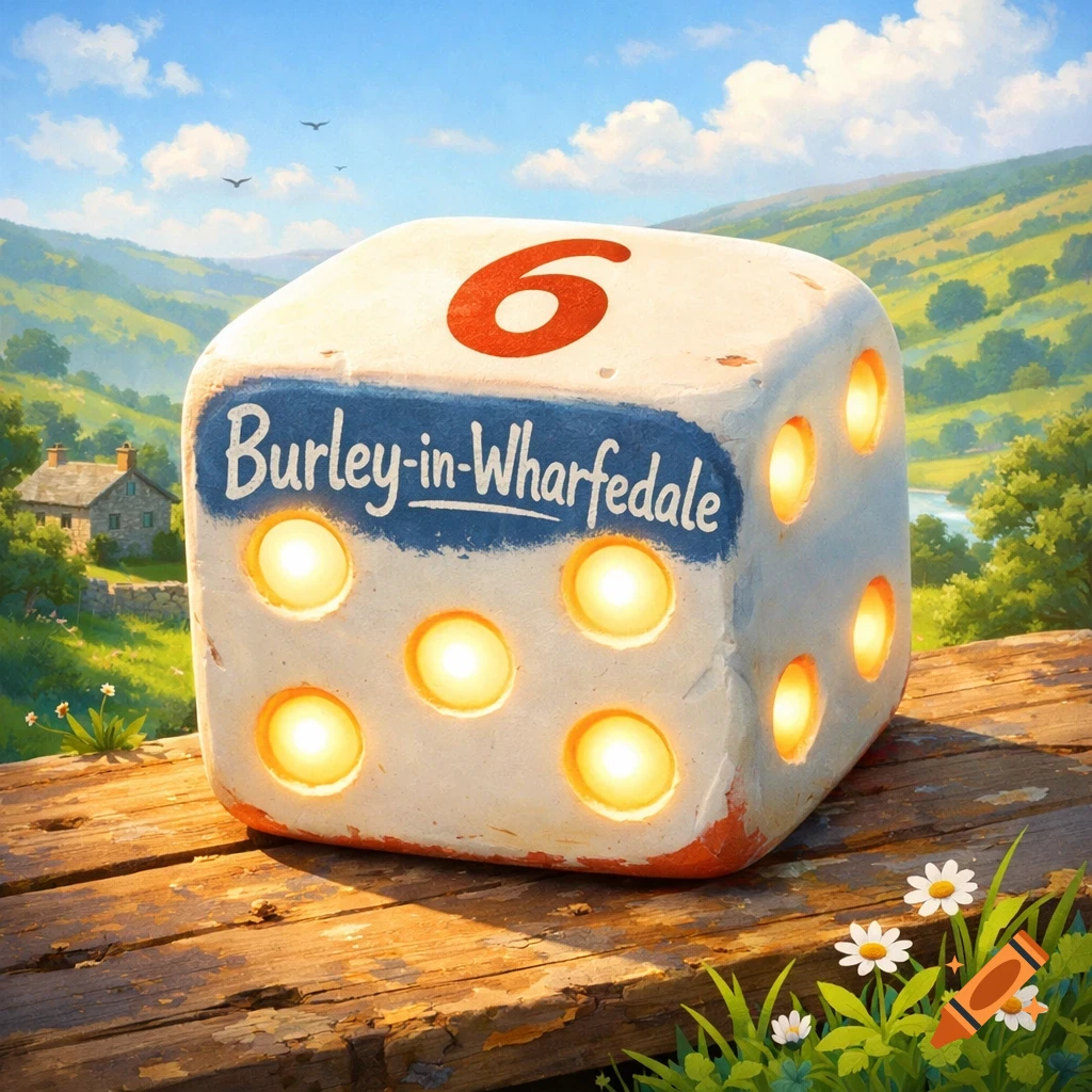 A large cartoon dice with "Burley-in-Wharfedale" on it and glowing pips, set on a wooden table in a sunny countryside landscape.