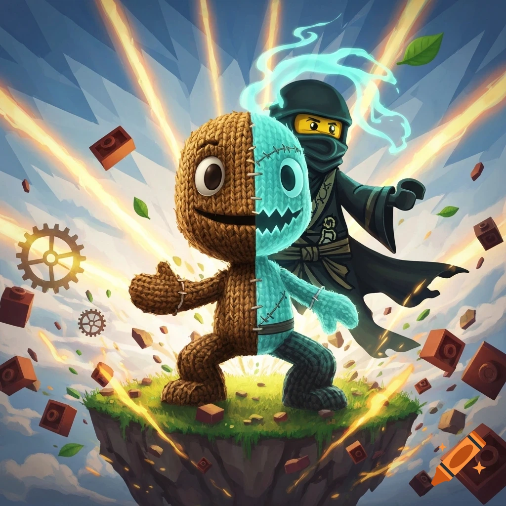 Stylized illustration of Sackboy and a Ninjago character fused, standing on a floating island with Lego bricks and gears.