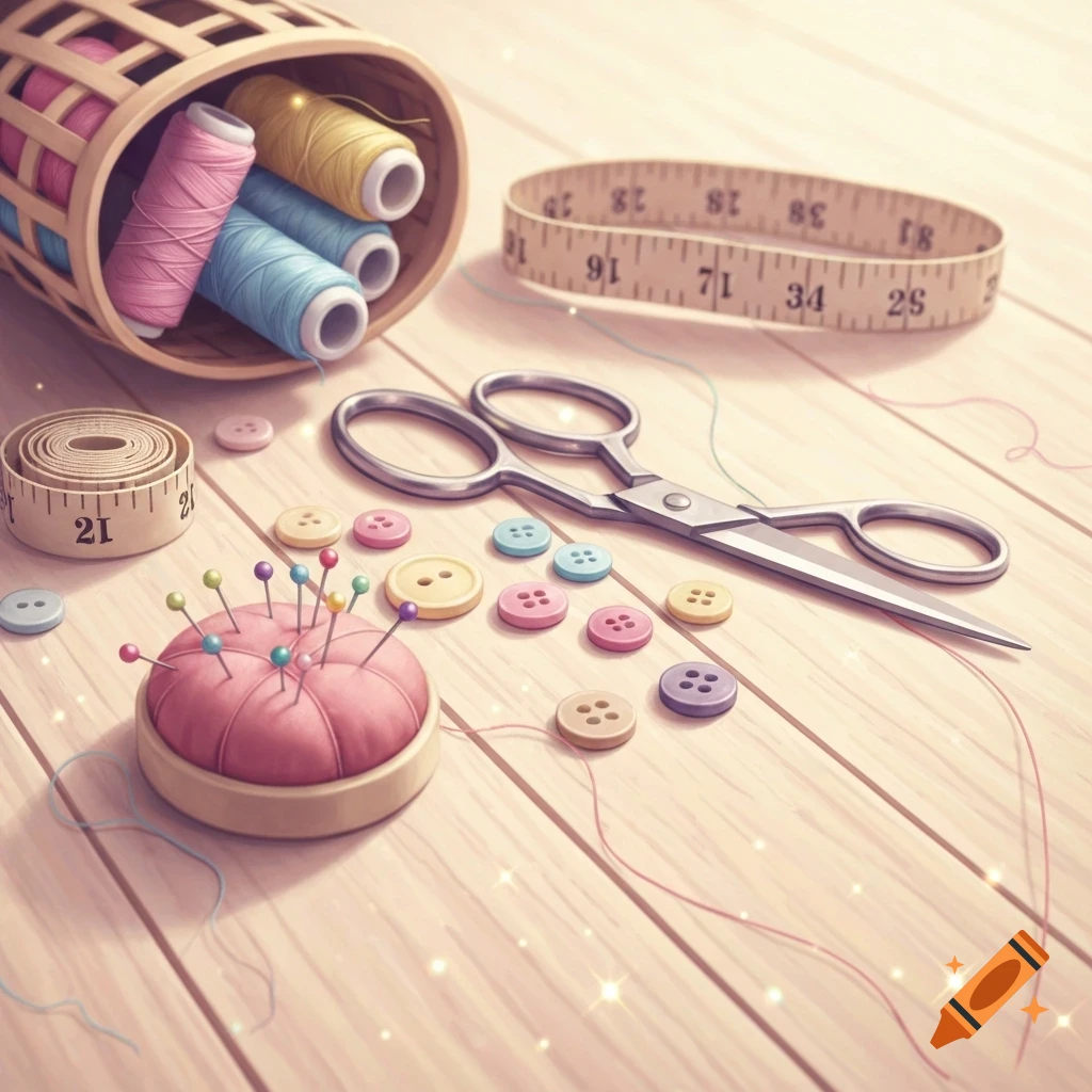 A flat lay of sewing supplies, including pastel spools of thread, buttons, scissors, a pin cushion with pins, and measuring tapes, all arranged on a light wooden surface.