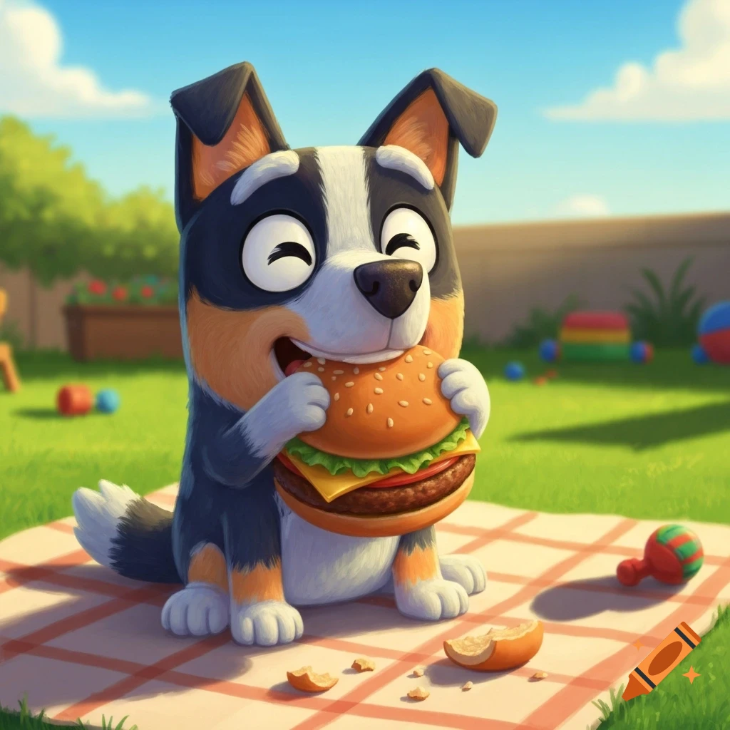 A happy cartoon dog with black, white, and brown fur sits on a picnic blanket, holding a large burger in its paws in a sunny backyard.