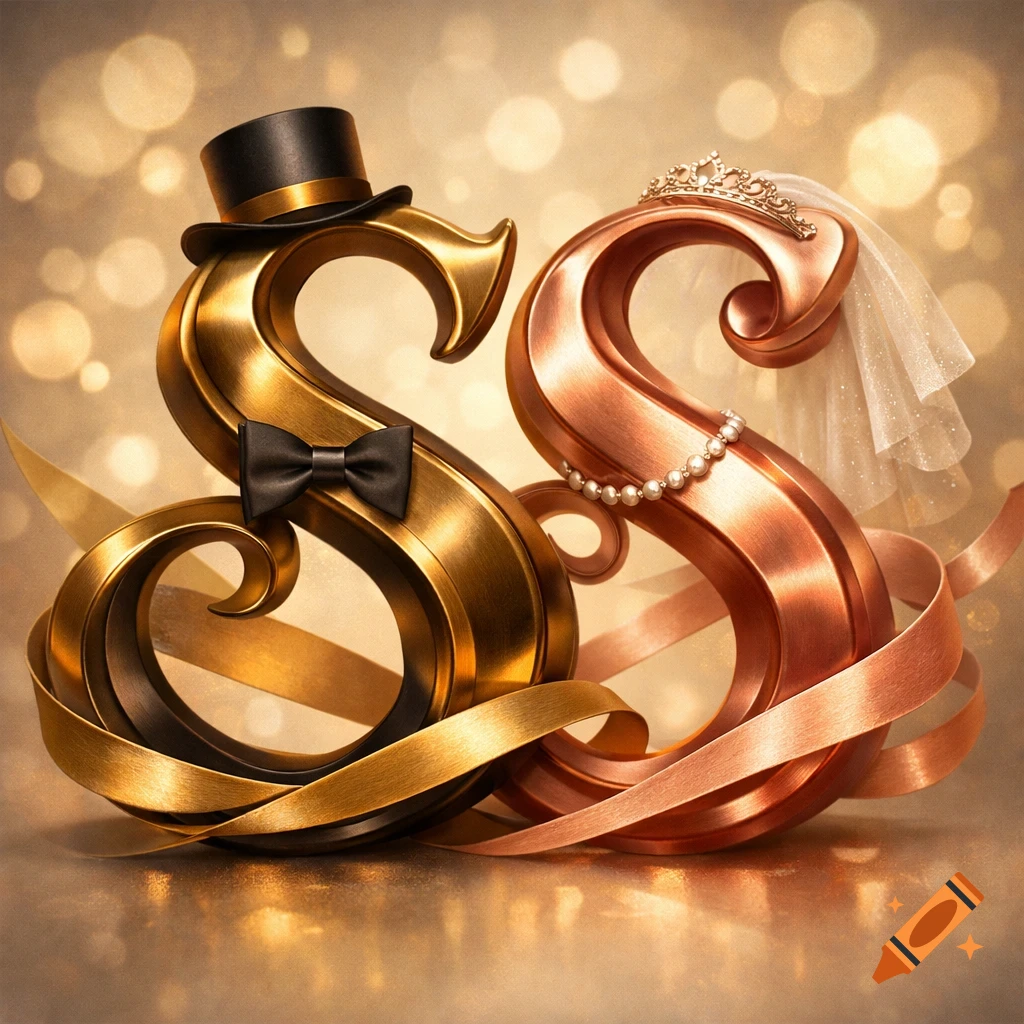 Two stylized metallic 'S' letters, one gold groom with a top hat and bow tie, one rose gold bride with tiara, veil, and pearls, intertwined with ribbons against a bokeh background.