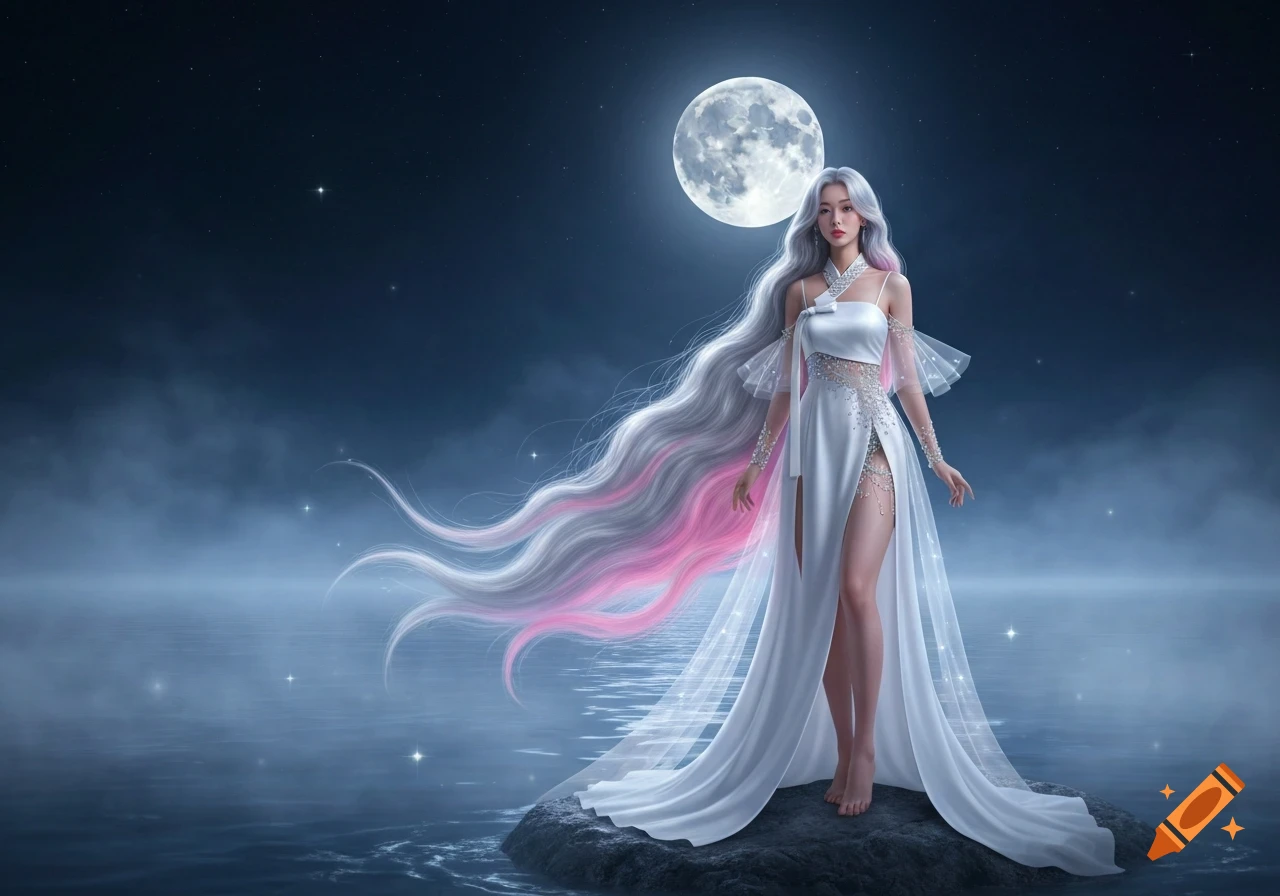 A Korean goddess in an ethereal white dress with long, flowing silver and pink hair stands on a rock in a misty night sea under a full moon.
