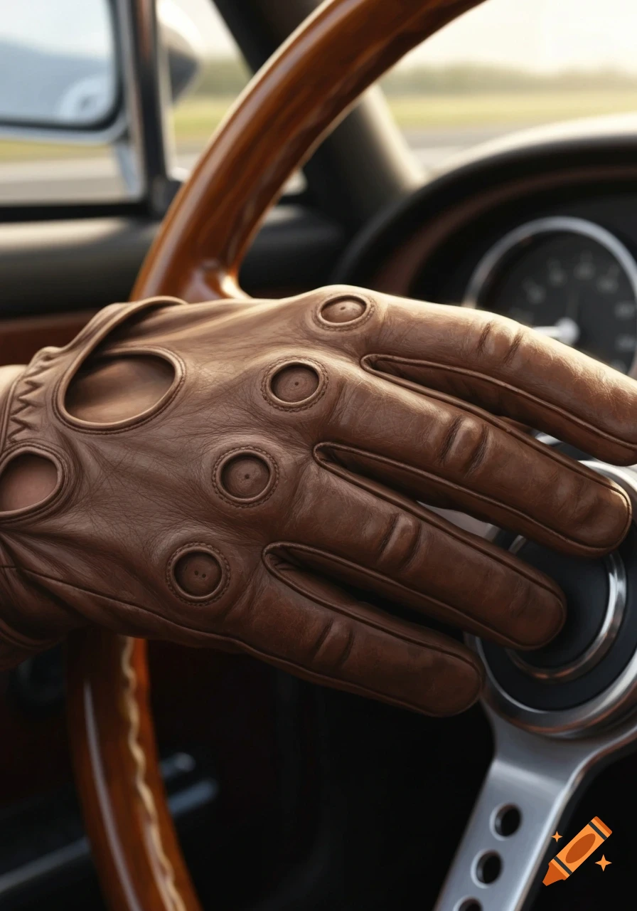 A close-up shot of a hand in a brown leather driving glove gripping a wooden steering wheel in a car.