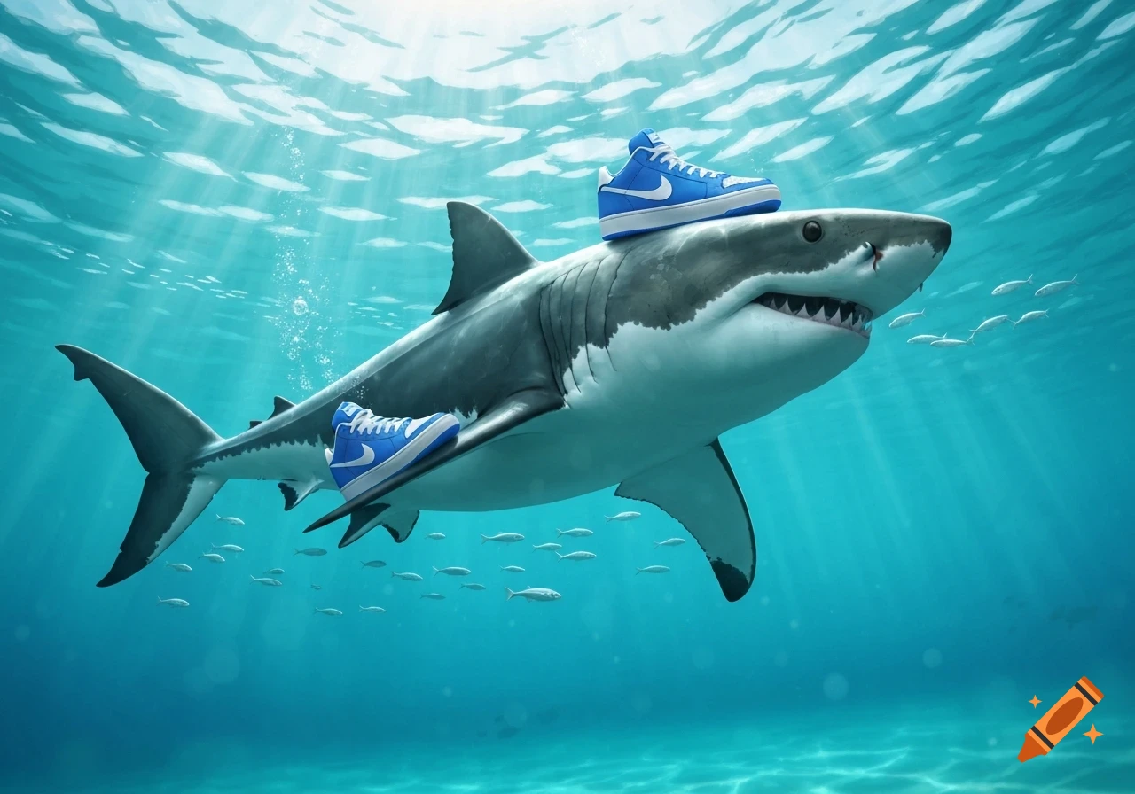 A photorealistic image of a great white shark swimming underwater, wearing blue sneakers on its dorsal and pectoral fins, with rays of sunlight breaking through the surface.