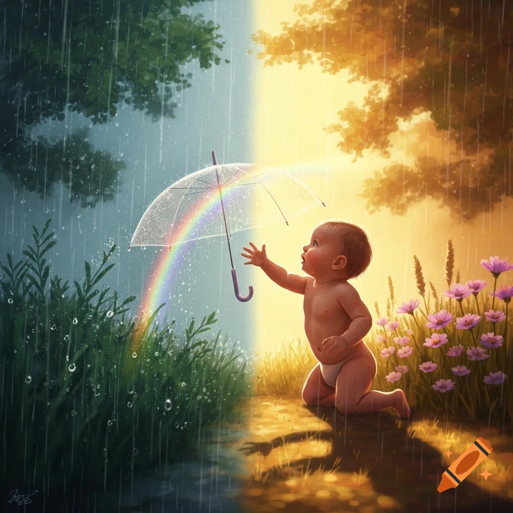 Baby in a diaper crawling, holding a clear umbrella with a rainbow, dividing a rainy, green scene and a sunny, flowery landscape.