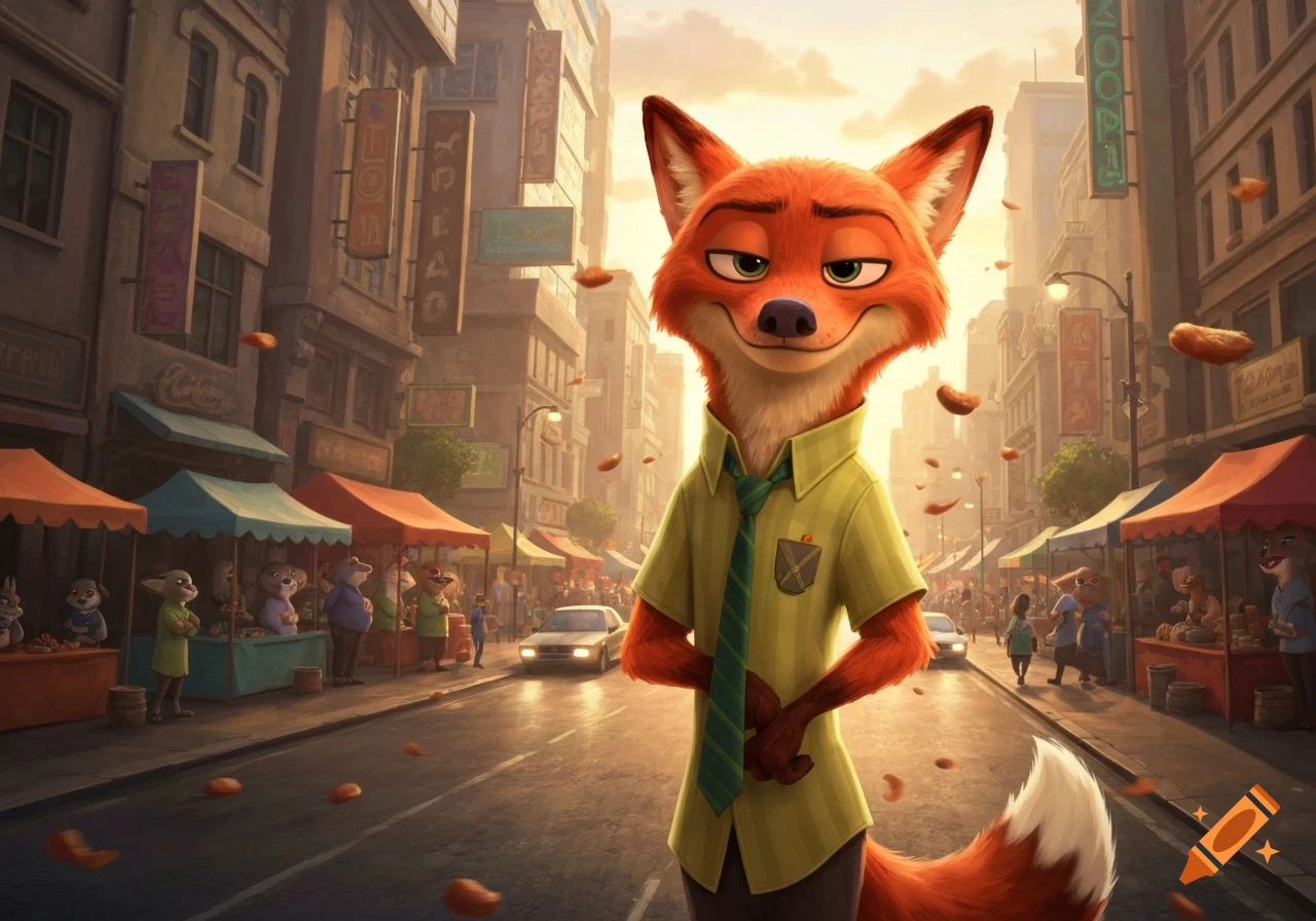 Nick Wilde from Zootopia, a smiling orange fox in a green shirt and striped tie, stands on a busy city street with market stalls and buildings in the background at sunset.