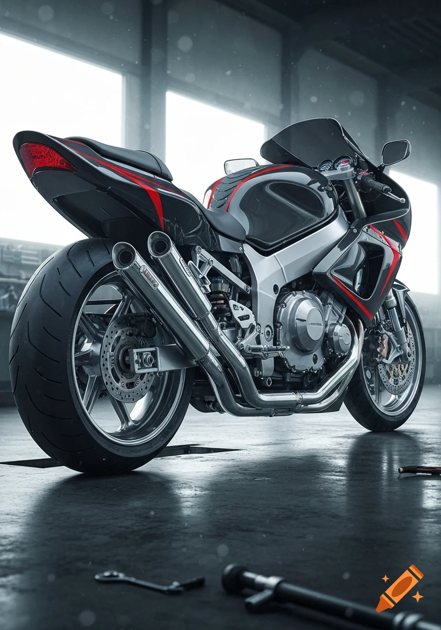 A sleek black and silver sport bike with red accents, featuring dual exhausts, parked indoors in a garage setting.