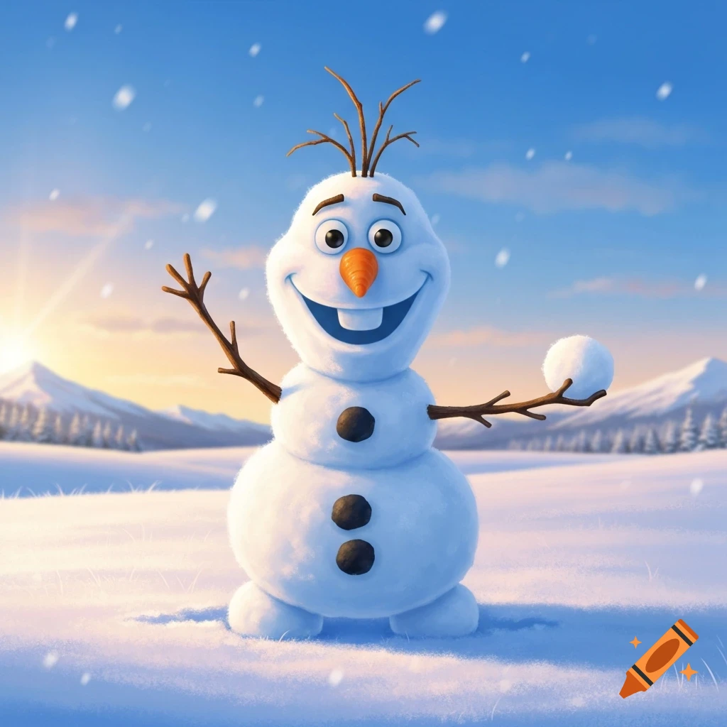 A cheerful, animated snowman similar to Olaf waves and holds a snowball in a bright, snowy mountain landscape.