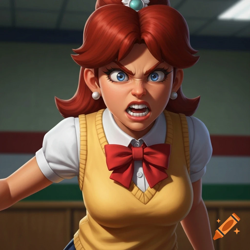 Angry Daisy from Super Mario in a school uniform, yellow sweater vest, and red bow tie, with teeth grinding and wide eyes.