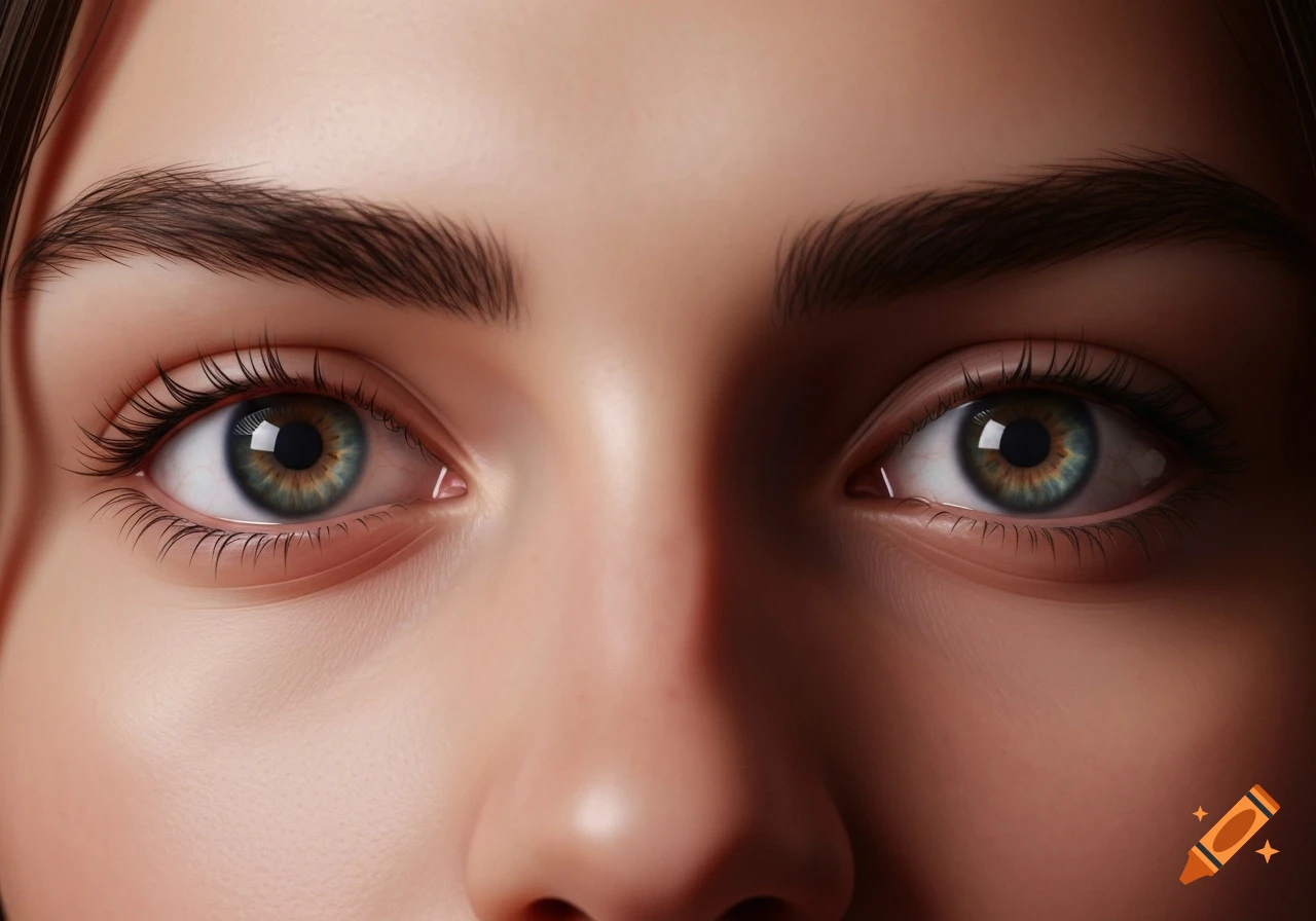 Close-up, photorealistic image of a person's eyes with green-brown irises and long eyelashes.