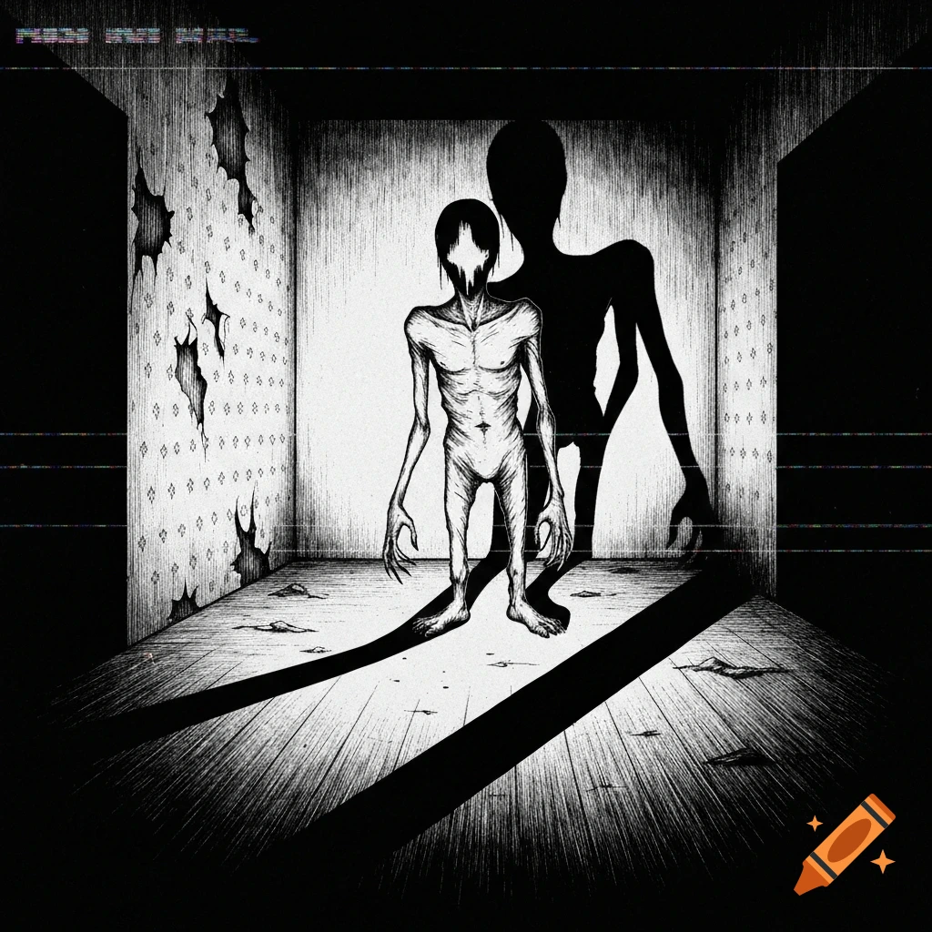A gaunt, pale humanoid figure with dark, empty eyes and long claws stands in a dim, ruined room with its large, shadowy silhouette behind it, in a black and white analog horror drawing.