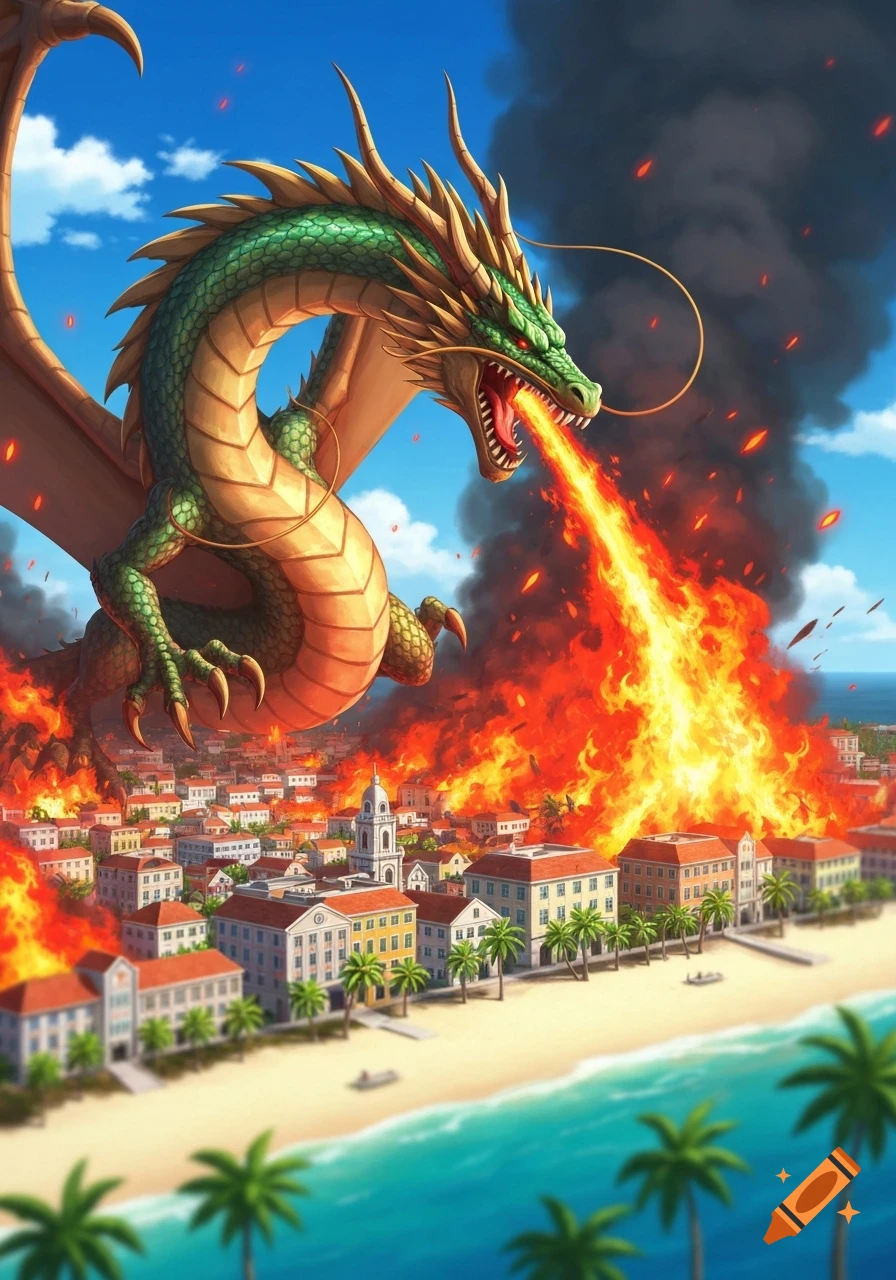 Anime style image of a green and gold dragon breathing fire over a burning coastal city with a beach and palm trees.