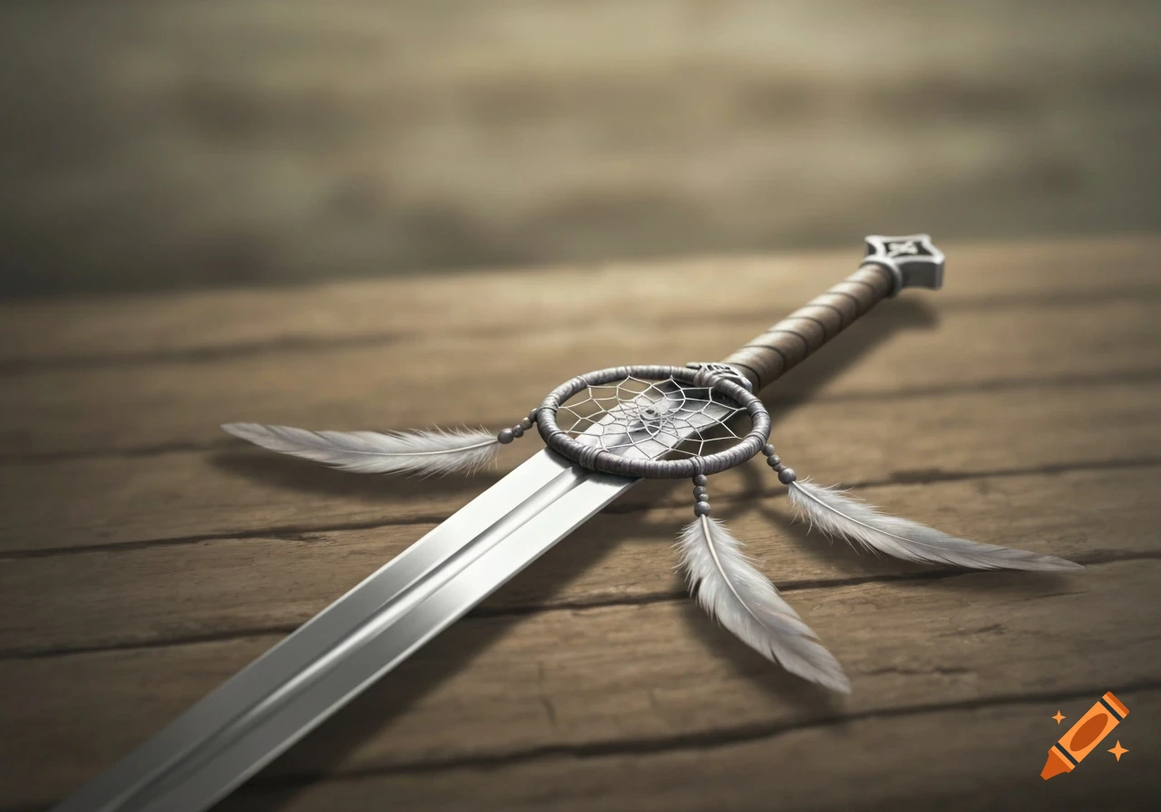 A silver sword with a dreamcatcher with feathers attached to its hilt, resting on a wooden table.