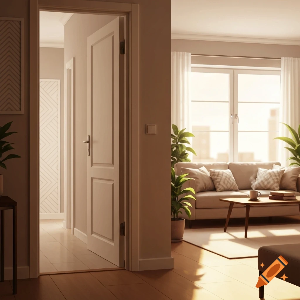 A modern, sunlit apartment living room with a beige sofa, potted plants, and a light wooden floor. An open door reveals a hallway.