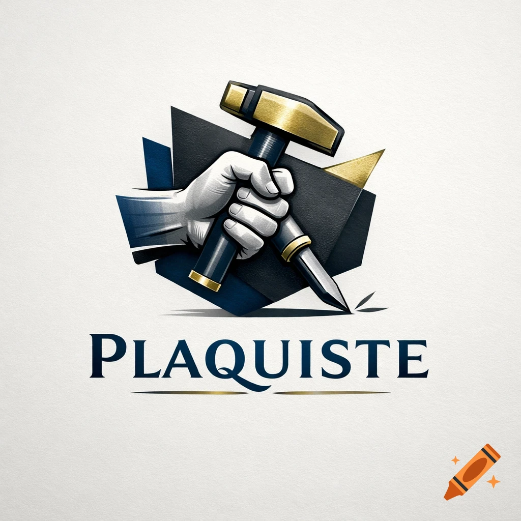 Stylized logo featuring a gloved hand holding a hammer and chisel, with the word 'PLAQUISTE' below.