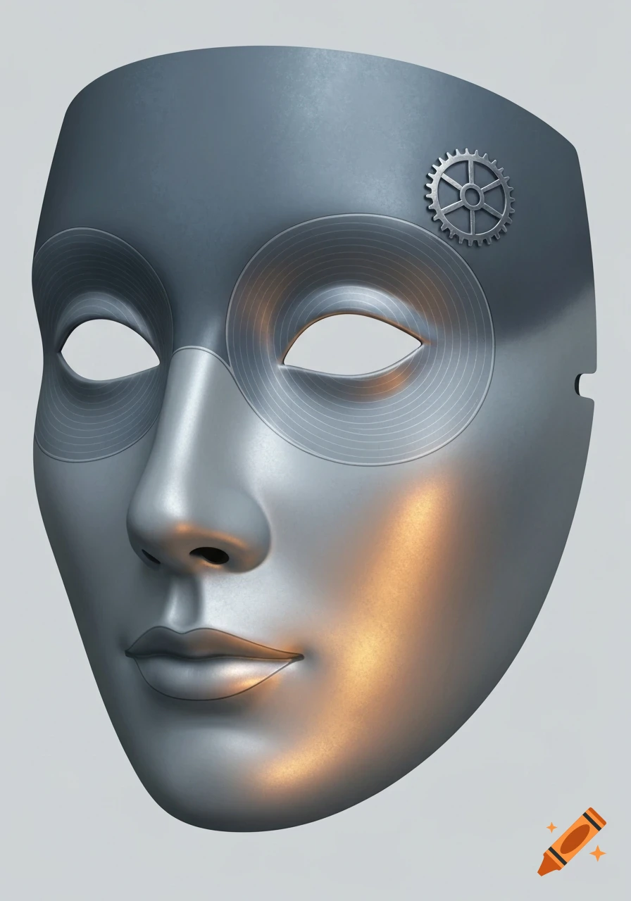 Photorealistic silver and gray mask with a clockwork gear on the temple and a warm, golden glow on the cheek.