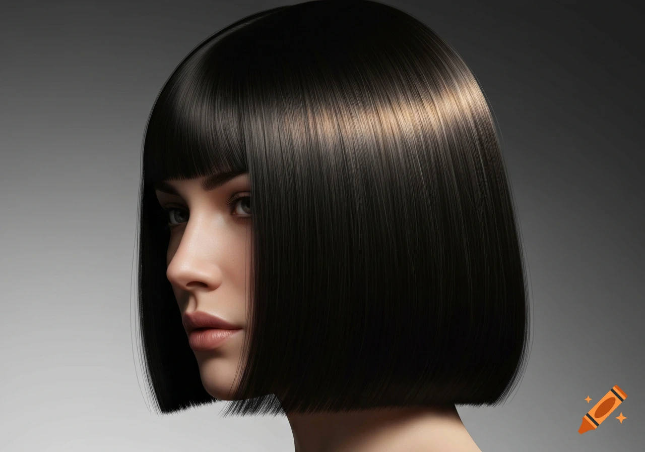 Side profile of a woman with a sleek, shiny black bob haircut, looking straight ahead.