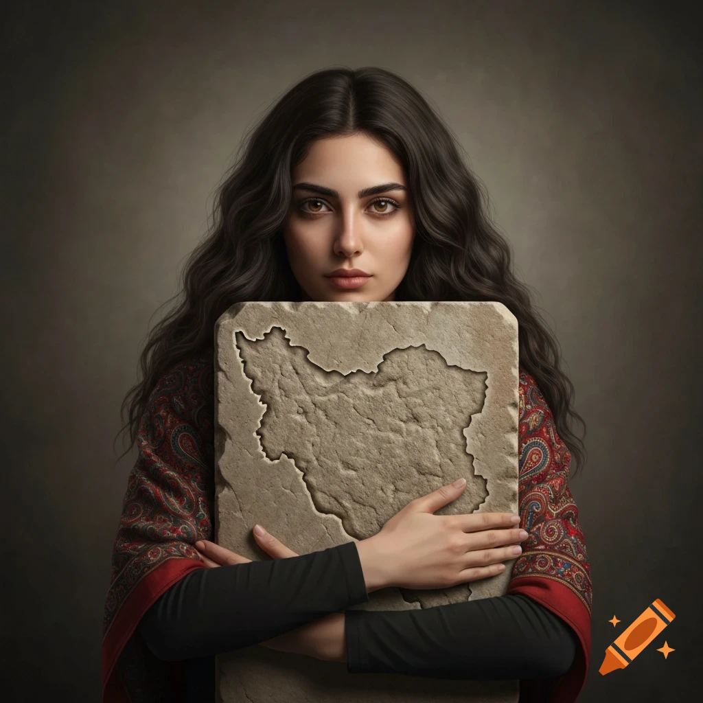 A young Persian woman with long dark wavy hair, wearing a traditional paisley shawl, hugs a stone tablet carved with the map of Iran.