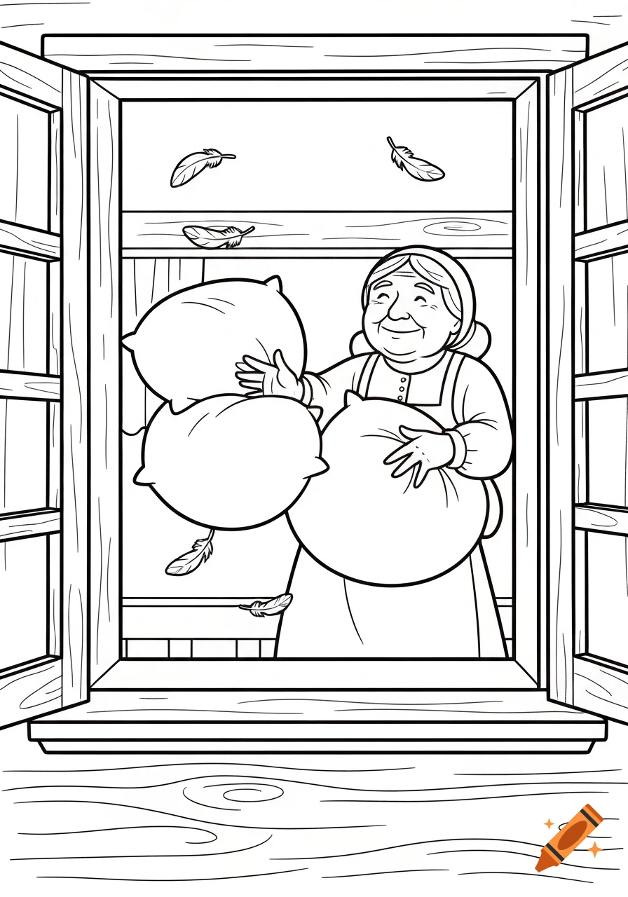 Black and white line art illustration of Frau Holle shaking pillows out a window, with feathers flying. Coloring book style.