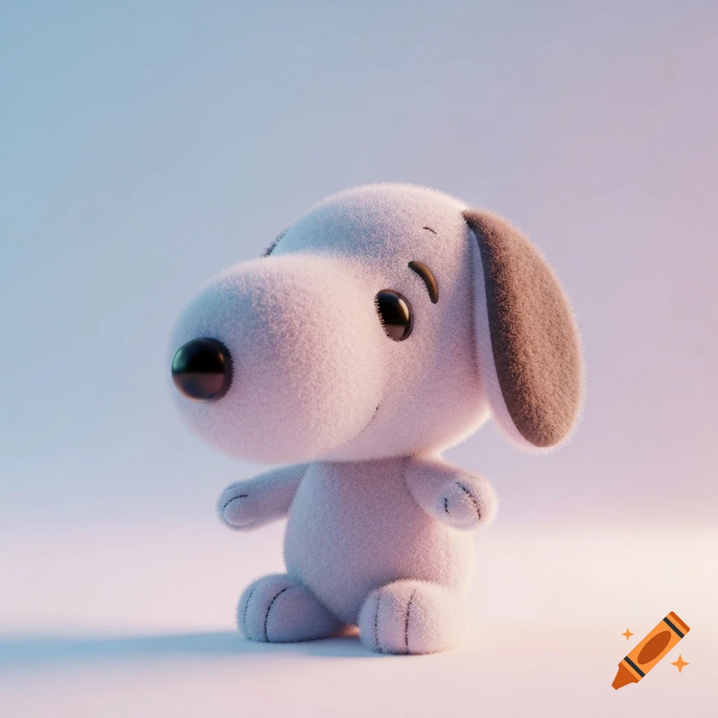 A cute 3D rendered fluffy white plush toy resembling Snoopy, with brown ears and a black nose, sitting against a pastel background.