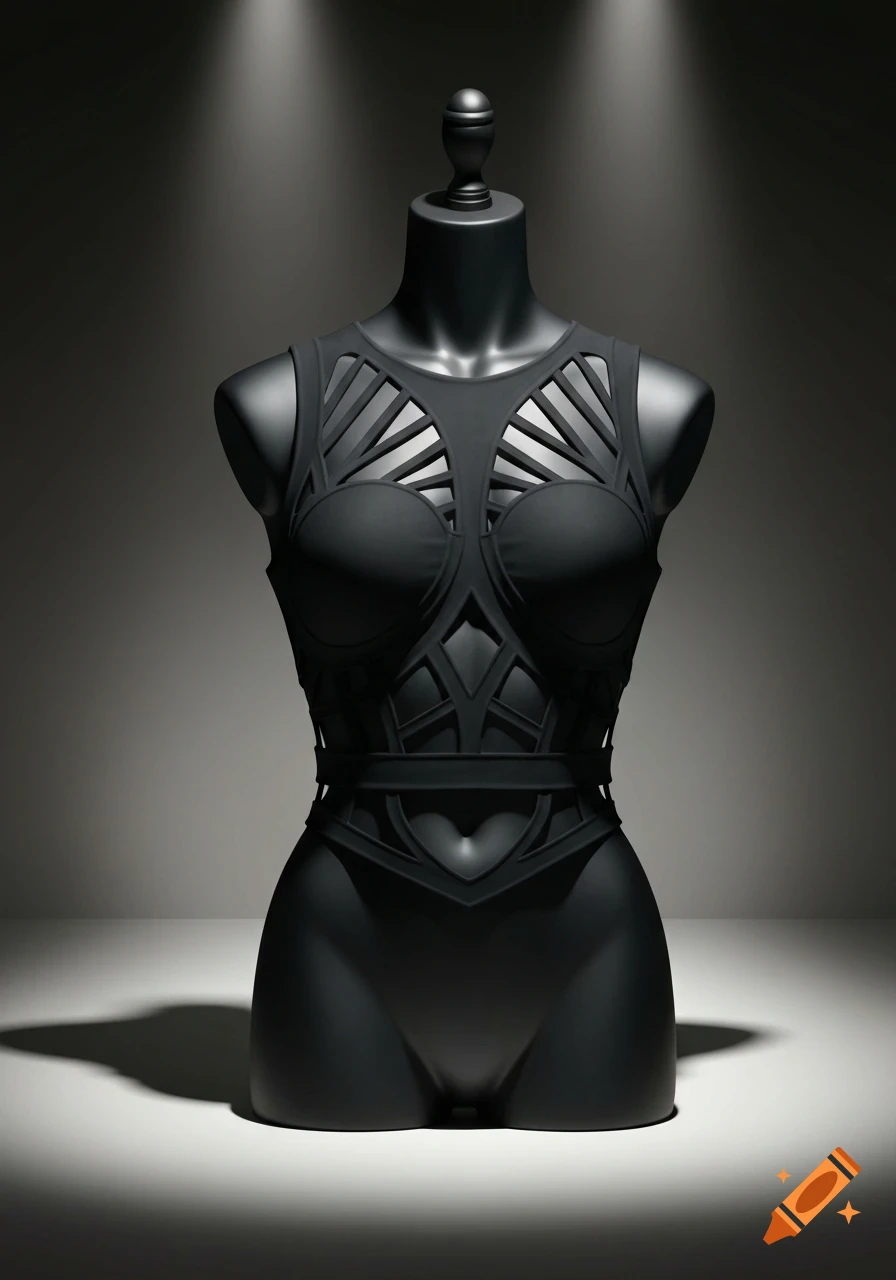 A black mannequin displays a unique black sleeveless crop top with elaborate cutouts, lit by spotlights.