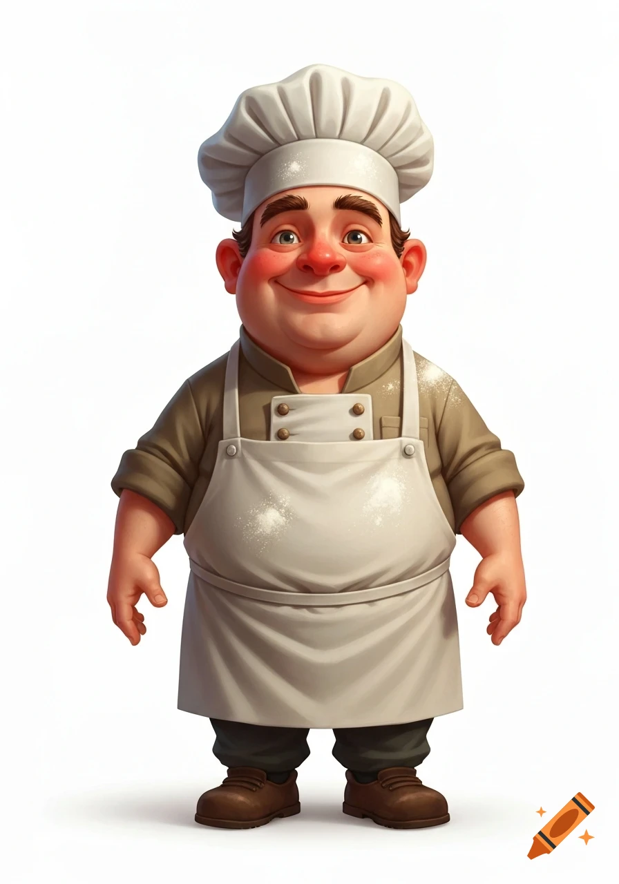 A smiling, portly cartoon chef wearing a white toque and apron, lightly dusted with flour, stands on a white background.