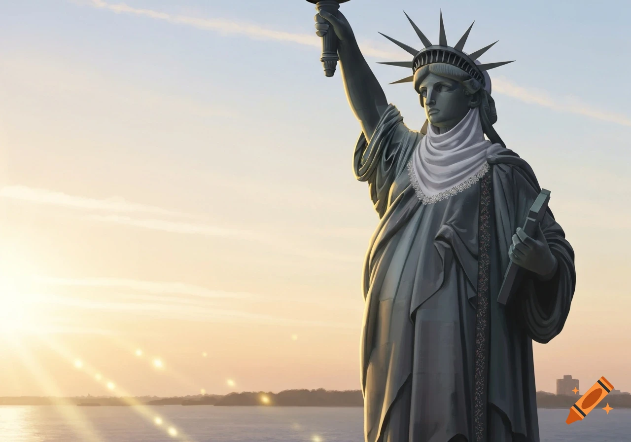 Statue of Liberty wearing a white hijab and dark abaya, holding a torch, against a sunset sky over water.