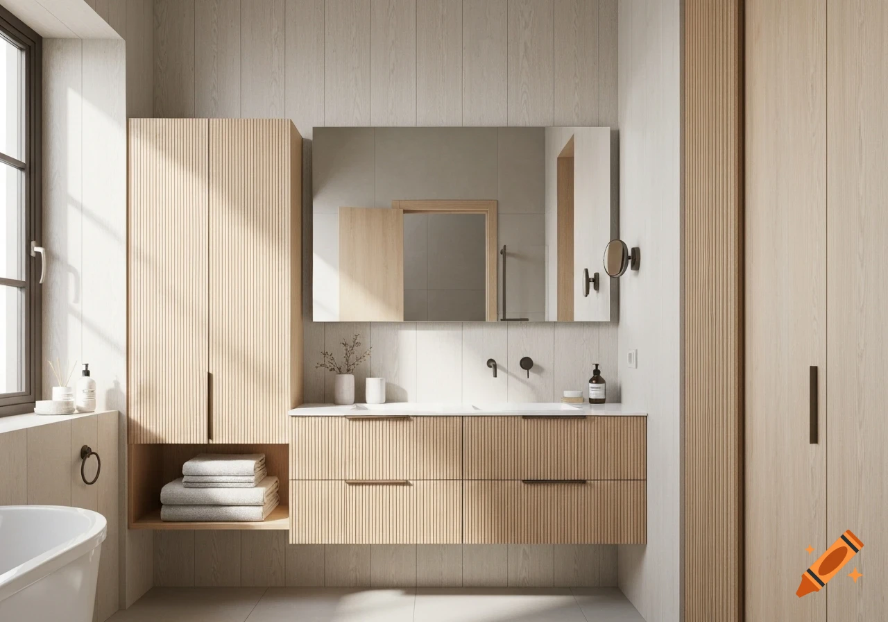 Modern Scandinavian bathroom with light wood cabinets, white countertop, sink, and large mirror, under natural light.