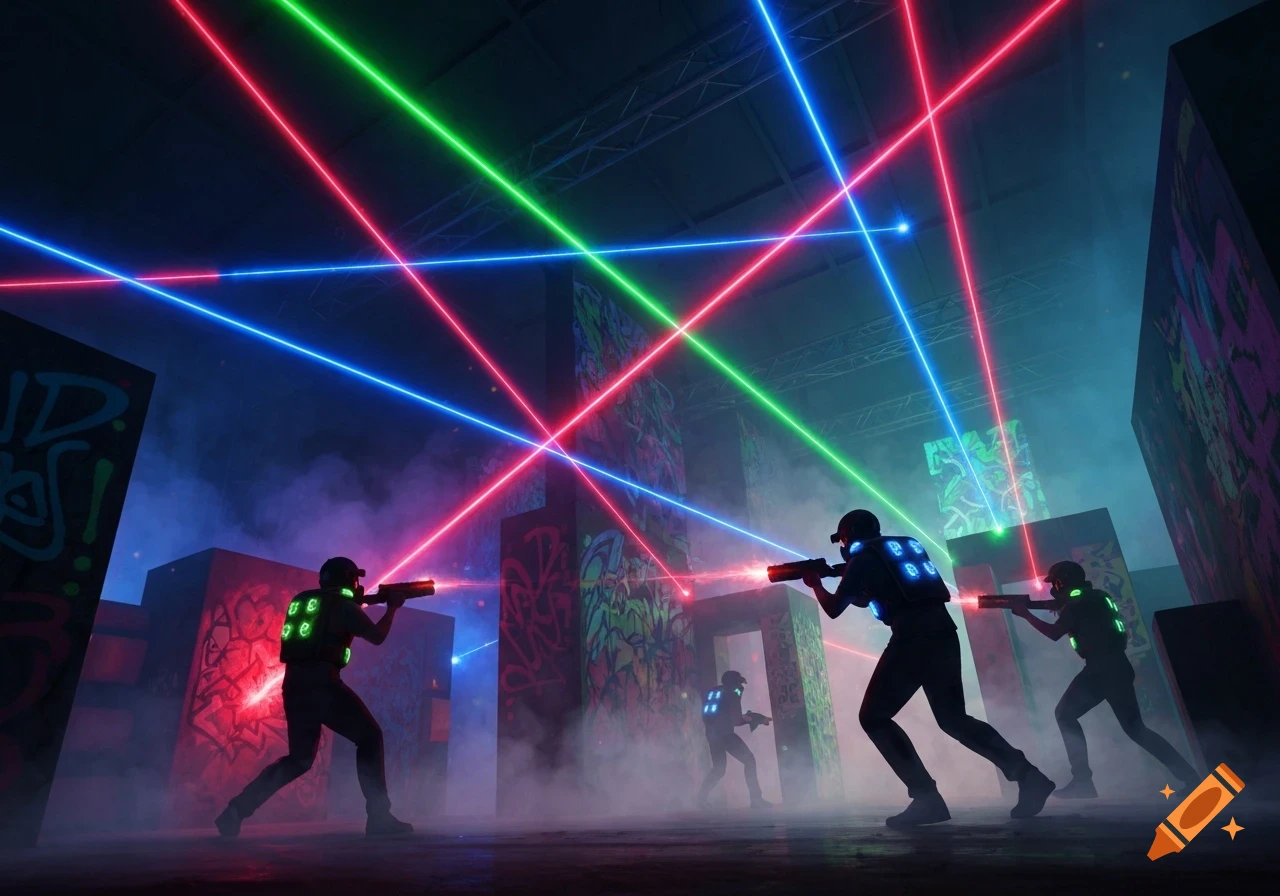 Silhouetted figures playing laser tag in a smoky arena, crisscrossed by vibrant red, green, and blue laser beams.