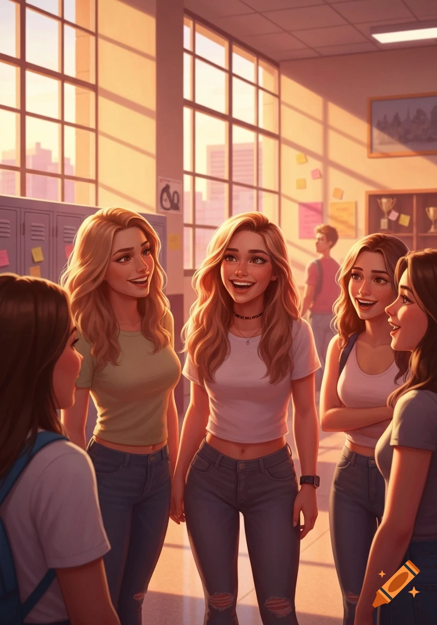 Five smiling young women stand in a sunny school hallway with lockers and large windows, talking to each other.