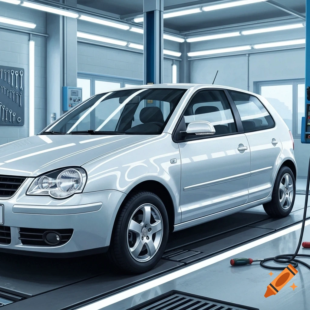 A silver Volkswagen Polo hatchback sits in a modern, well-lit car inspection garage.