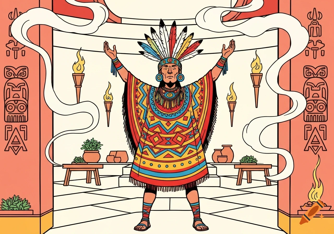 A shaman in a colorful poncho and feathered headdress with raised arms in a stylized temple with torches, in a comic book art style.