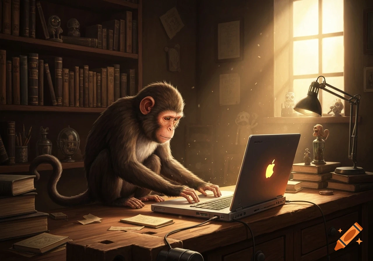 A brown monkey types on a laptop at a wooden desk filled with books in a sunlit study room.