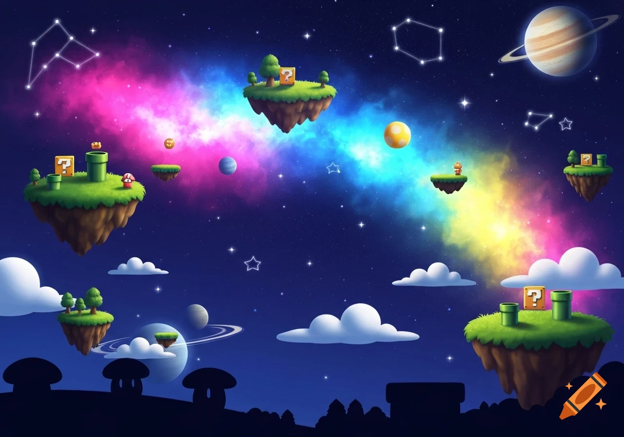A vibrant Super Mario-themed galaxy with floating islands, question mark blocks, pipes, planets, and constellations.