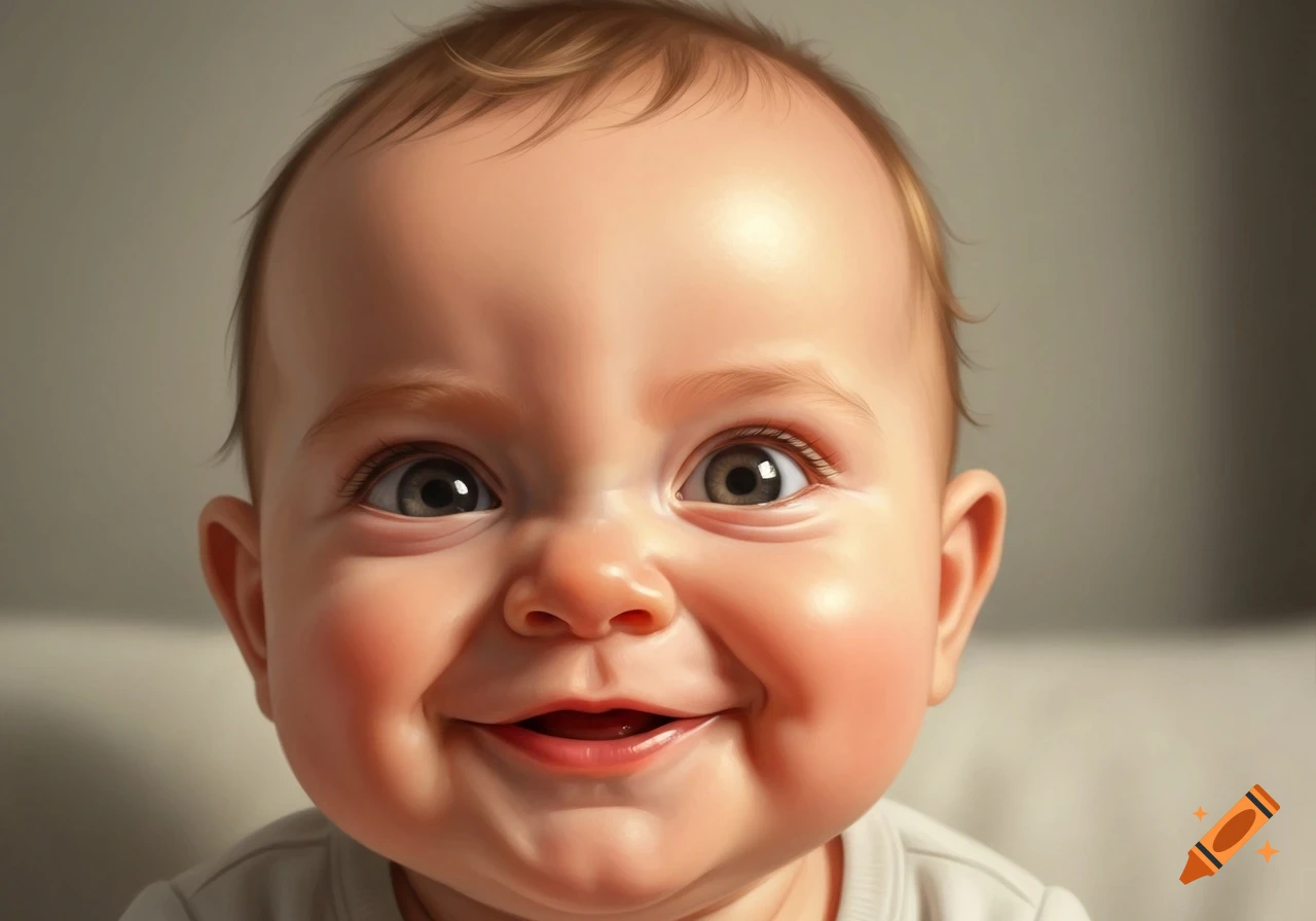 Close-up photorealistic portrait of a smiling baby with wide eyes and light brown hair.