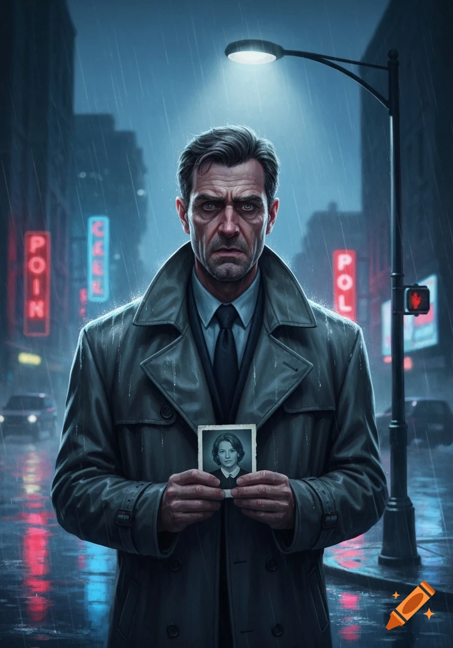 An illustrated stern man in a trench coat holds a small photo of a woman in a rainy city street with neon signs.