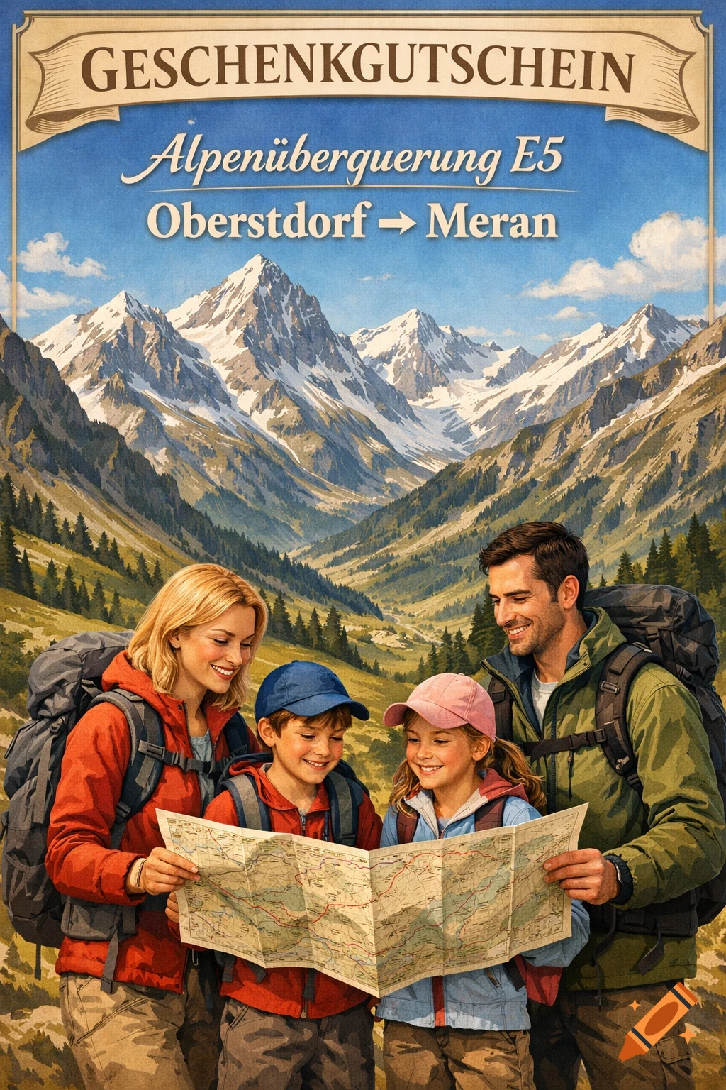 Illustrated gift voucher featuring a family hiking with a map in front of the Alps. Text reads 'GESCHENKGUTSCHEIN Alpenüberquerung E5 Oberstdorf Meran'.