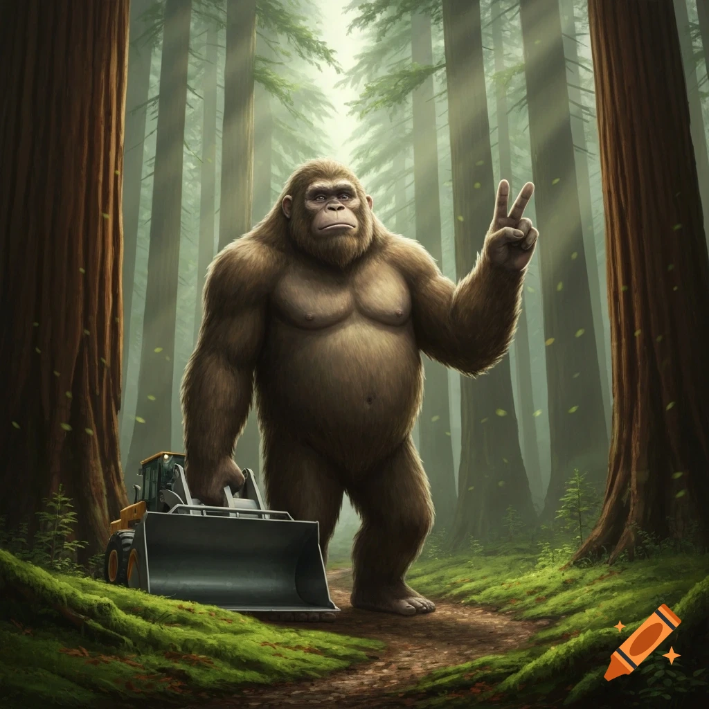 A large, furry Sasquatch stands in a forest, holding a yellow loader in one hand and making a peace sign with the other.