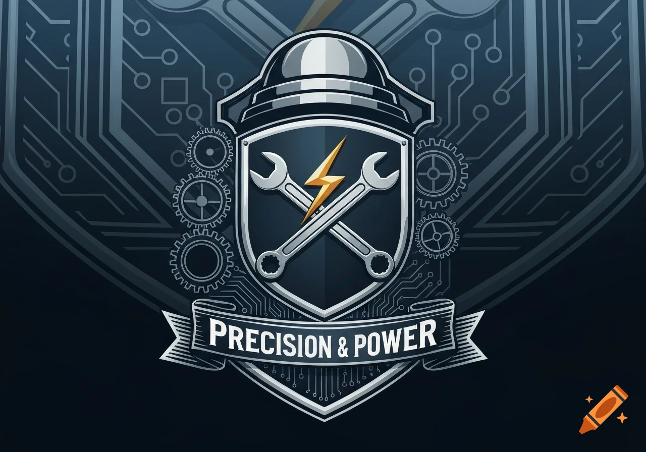 A stylized coat of arms logo featuring crossed wrenches, a lightning bolt, gears, and circuit patterns, with a banner reading 'PRECISION & POWER'.