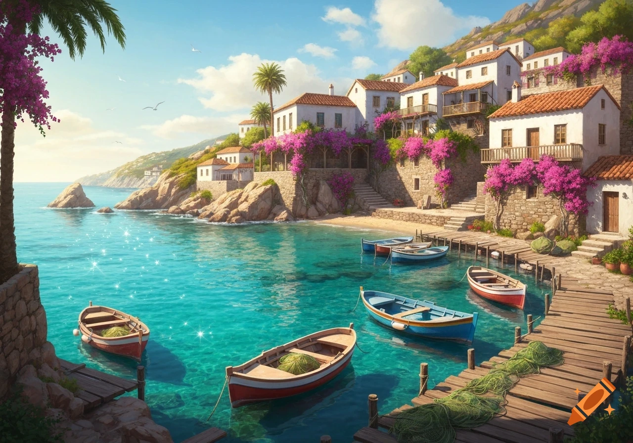 A vibrant fishing village with white houses, pink bougainvillea, and wooden boats in clear turquoise water under a sunny sky.