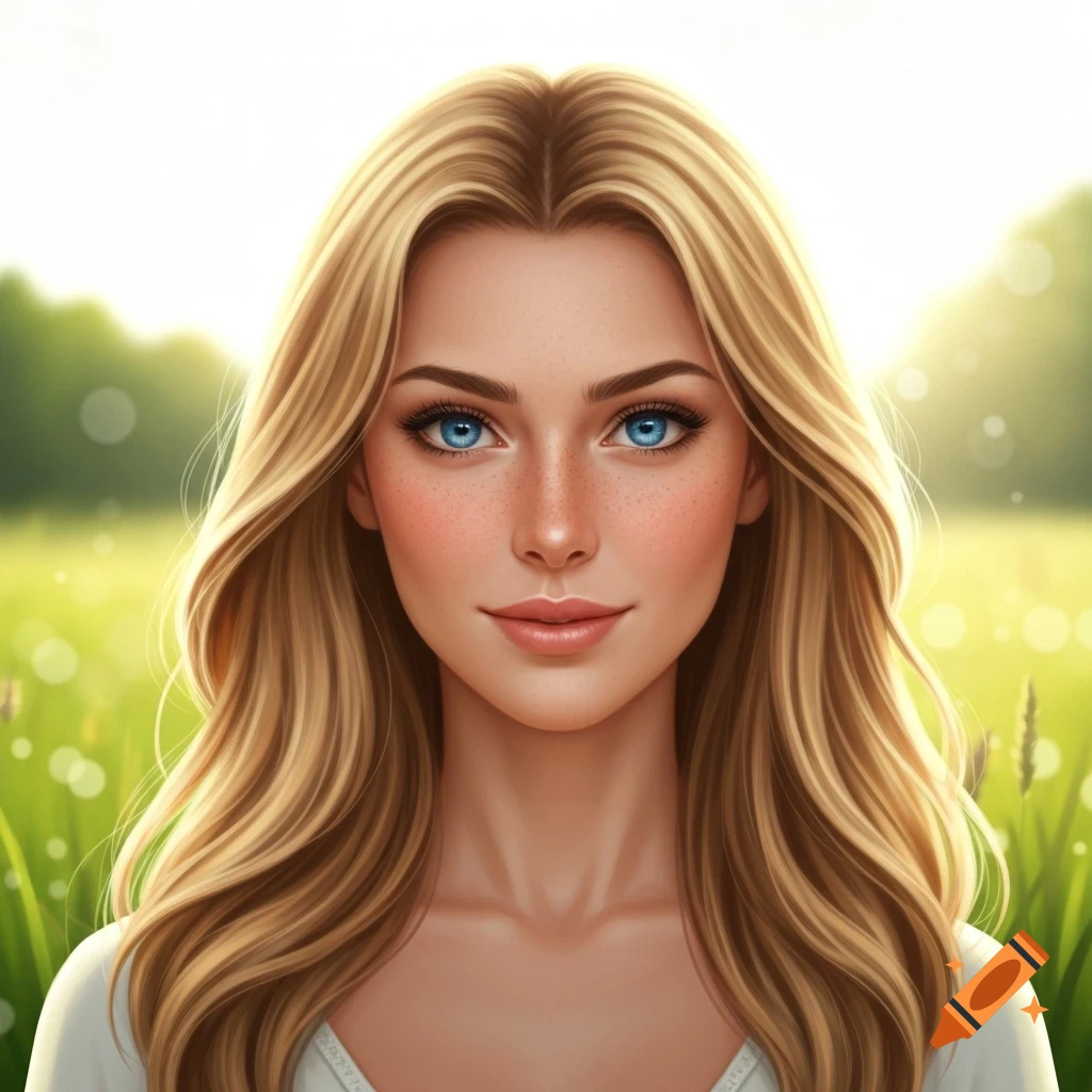 Close-up portrait of a blonde woman with blue eyes and freckles, against a blurred green outdoor background, digital art style.
