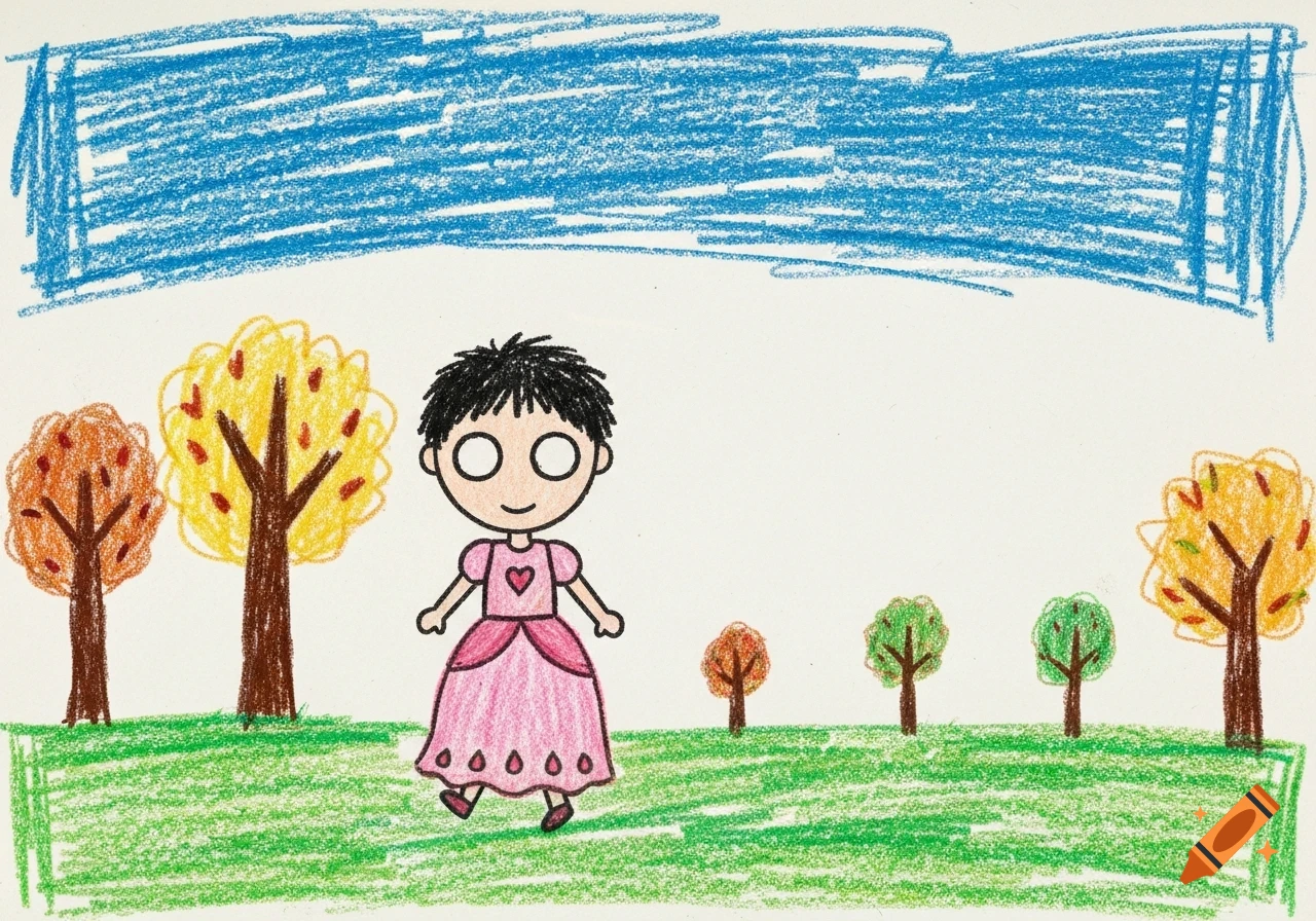 A crayon drawing of a child with black hair in a pink dress, walking through a grassy field with autumn trees and a blue sky.