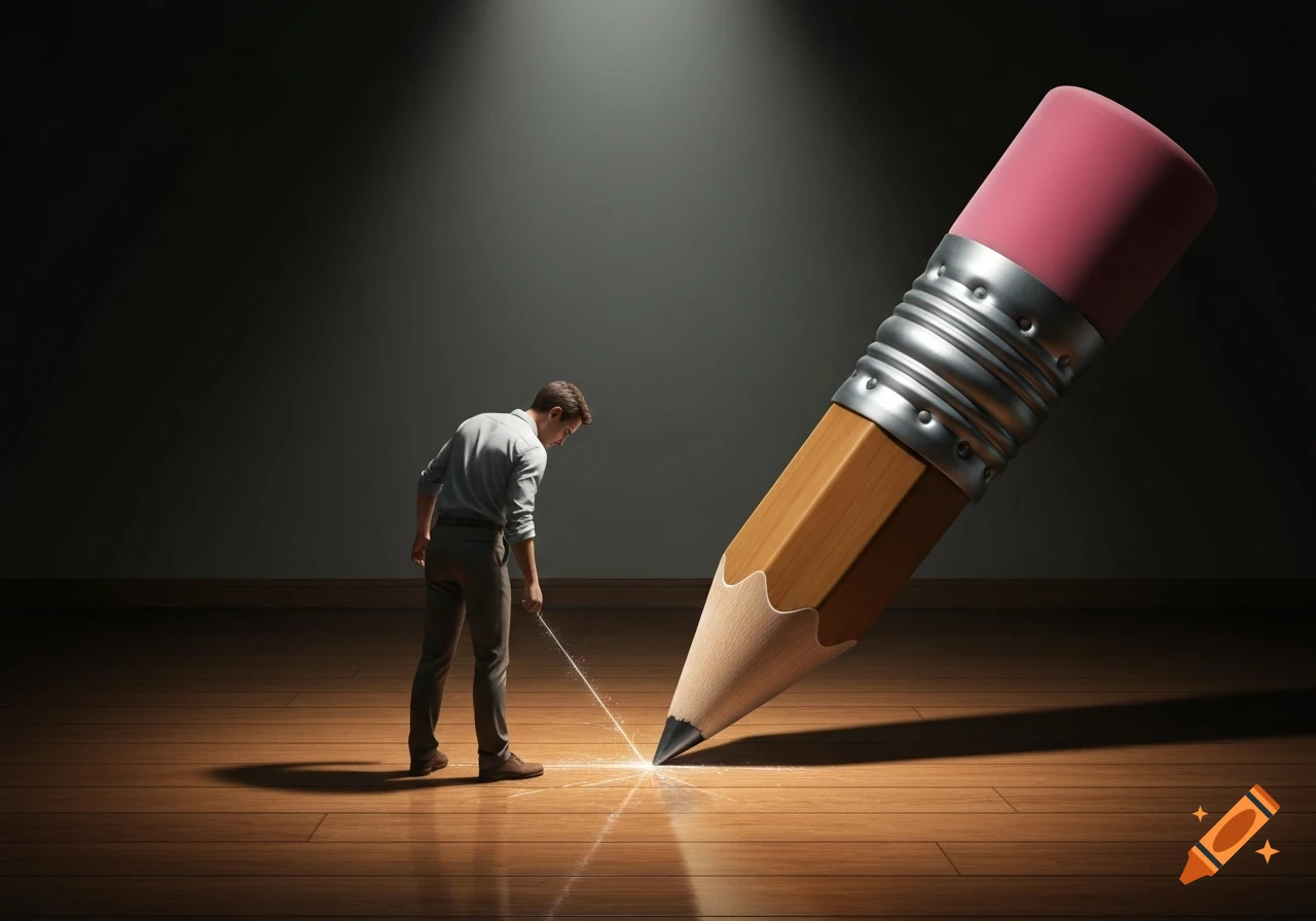 A man using a huge pencil's eraser to clean a mark off a spotlight-lit wooden floor. Photorealistic.