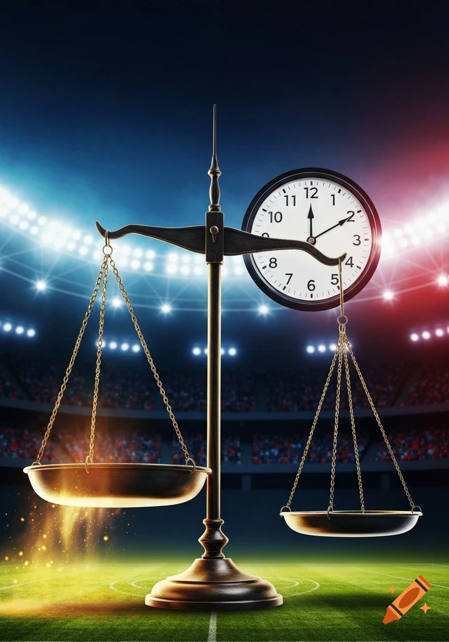 A bronze scale of justice with a clock set to five to twelve on its right pan, centered on a vibrant green sports field under bright stadium lights.